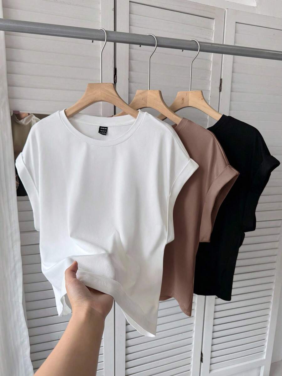 SHEIN LUNE 女款休閒純色百搭短袖T恤3件組-時尚百搭上衣,適合日常休閒、街頭穿搭、機場旅行及各種活動;包含短版上衣,經典純色設計,簡約舒適 - 摩卡棕 - 查看 1