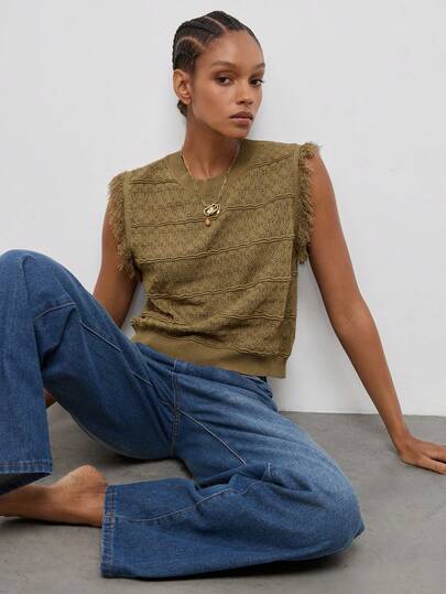 Maija Women's Solid Color Round Neck Tassel Trim Casual Knit Top