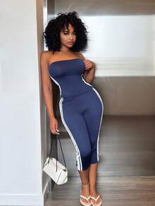 Alexandranx Women's Navy Blue And White 2 Pieces Set Pants,Y2K Style Elegant - Navy Blue - View 7