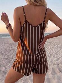 SHEIN LUNE Casual Tropical Minimalist Women's Brown Striped Camisole And Shorts 2 Pieces Set, Suitable For Summer Beach Vacation - Multicolor - View 3