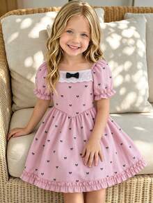 SHEIN Elladie kids 1pc Girls Summer New Square Neck Puff Short Sleeve Ruffle Baby Pink Bow Print Elastic Waist Front Neckline Lace Bow A-Line Pastoral Academy Style - Pink - View 2