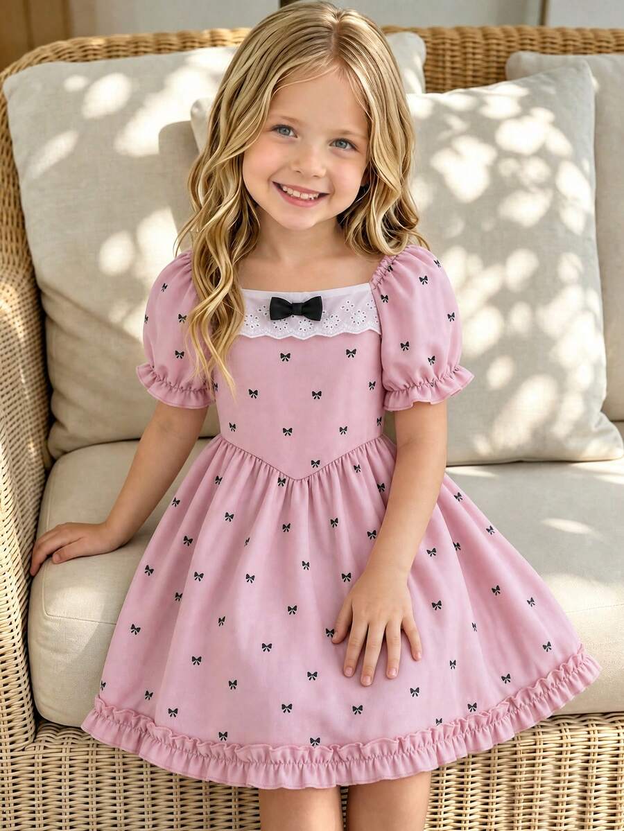 SHEIN Elladie kids 1pc Girls Summer New Square Neck Puff Short Sleeve Ruffle Baby Pink Bow Print Elastic Waist Front Neckline Lace Bow A-Line Pastoral Academy Style