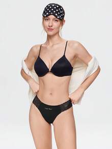 Bonmuse European And American Sexy Ice Silk Lace Patchwork Solid Color Women's Triangle Panties - Black - View 8