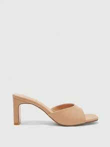 CUCCOO BIZCHIC Women's Square Toe Simple Fashion Bag Medium High Heel One Piece Sandals Slippers - Apricot PU - View 2