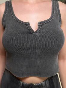 hhfernanda Women's Plus Size Summer Streetwear Vintage Going Out Casual Renaissance Fair Club Sexy Y2K Rib Knit Washed Grey Notched Collar Truncated Tank Black - Black - View 3