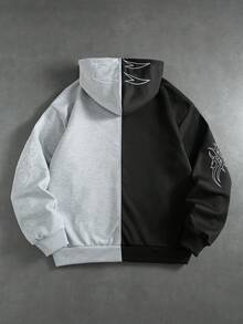 ROMWE MEN Street Life 男士刺繡口袋對比色長袖連帽衫 - 黑色 - 查看 2