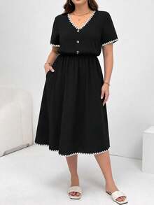 SHEIN Essnce Plus Size Summer Casual Capsule Contrast Trim Embroidered Dress Teachers' Day Bussines Office Black - Multicolor - View 3