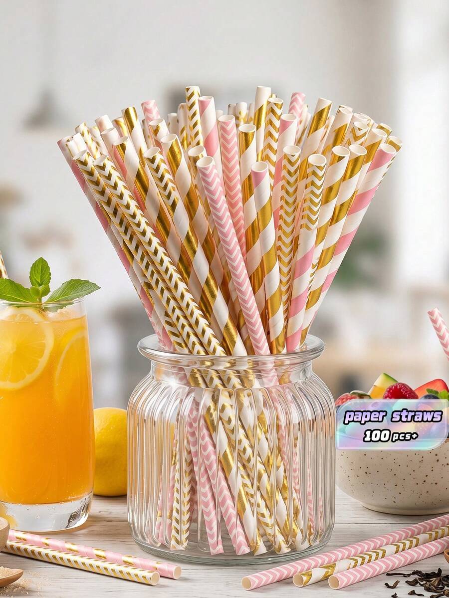 25/50/100 Pieces Of Paper Straws, In Various Colors, Decorative Party Straws, Suitable For Drinking Juices, Smoothies, Summer Cocktails And Various Parties And Gatherings. - color mixing - View 1