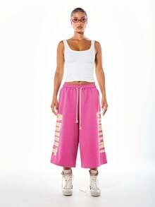 SUMWON WOMEN Culottes shorts à jambes larges avec taille à cordon de serrage, jambes surdimensionnées, imprimé, longueur sous le genou, pantalon décontracté d'été - Rose bonbon - Voir 3