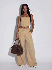 Normani Women's Fashion Versatile Commute Solid Color Wide Leg Long Pants - Apricot - View 7
