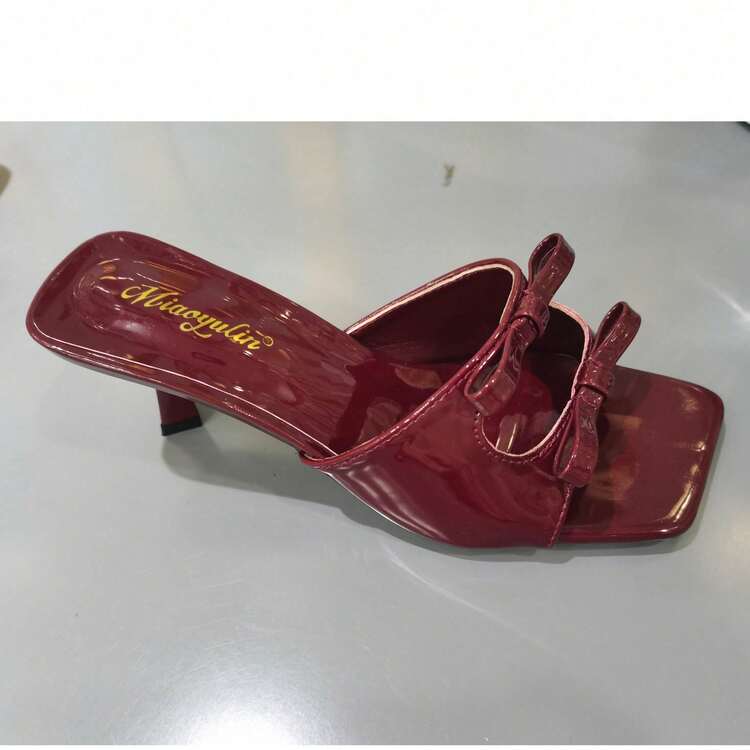 CUCCOO CHICEST 女款純色雙蝴蝶結方頭高跟拖鞋 - 酒紅色 - 查看 10