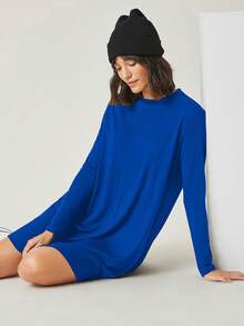 EURMUSE Solid Tee Dress - Blue - View 4