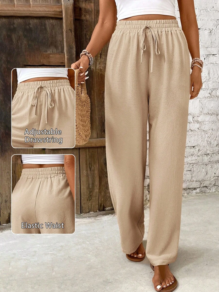 SHEIN PETITE CURVE Plus Size Women Solid Color Straight Full Elastic Waist Drawstring Casual Pants Valentine's Day Fall - Khaki - View 1