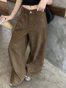 DAZY Rhinestone Embellished Loose Fit Casual Vacation Streetwear Spring Autumn Long Pants Women's Jeans - Khaki - View 1