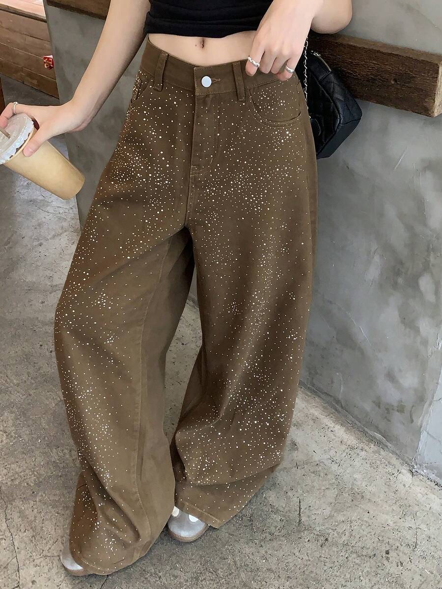 DAZY Rhinestone Embellished Loose Fit Casual Vacation Streetwear Spring Autumn Long Pants Women's Jeans - Khaki - View 1