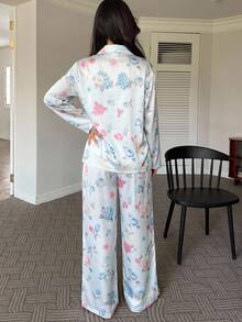 DAZY 2件組緞面花卉印花寬鬆長袖長款睡褲女款睡衣套裝 - 藍色 - 查看 2