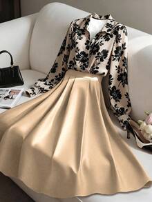 Franclia Elegant Fashion Printed Blouse And Pleated Midi Skirt 2 Pieces Set, Suitable For Layering Or Standalone Wear, Autumn/Winter Two Piece Set Women Skirt - Khaki - View 7
