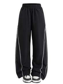 SHEIN 經典休閒長褲 春/秋款 雙層腰頭 簡約舒適運動衫布料 適合居家、街頭、運動，可百搭夾克與上衣，展現青春活力 - 黑色 - 查看 7