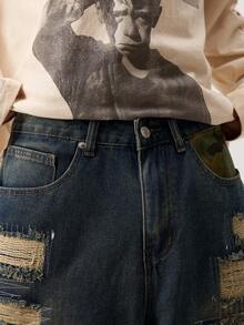 Jeans de mezclilla holgados con estampado de camuflaje y desgastados para hombre - Azul - Ver 7