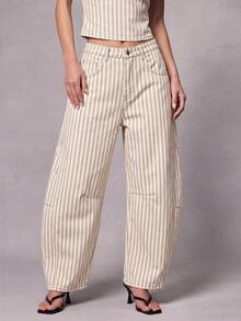 Hauture Women's Casual Striped Button Pocket Jeans For Daily Wear - Apricot - View 5