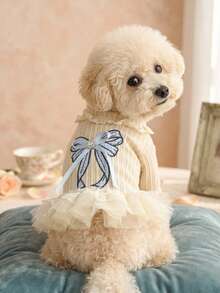 PETSIN 1件貓狗通用寵物服飾，刺繡蝴蝶結裝飾寵物裙 - 米色 - 查看 2