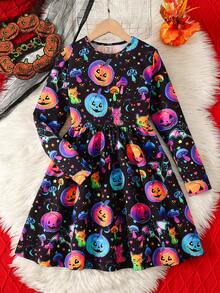 Kids Tween Girls Casual Single Piece Fun Halloween Pattern Knit Dress, Autumn/Winter Season, Halloween Girls Dress - Black - View 5