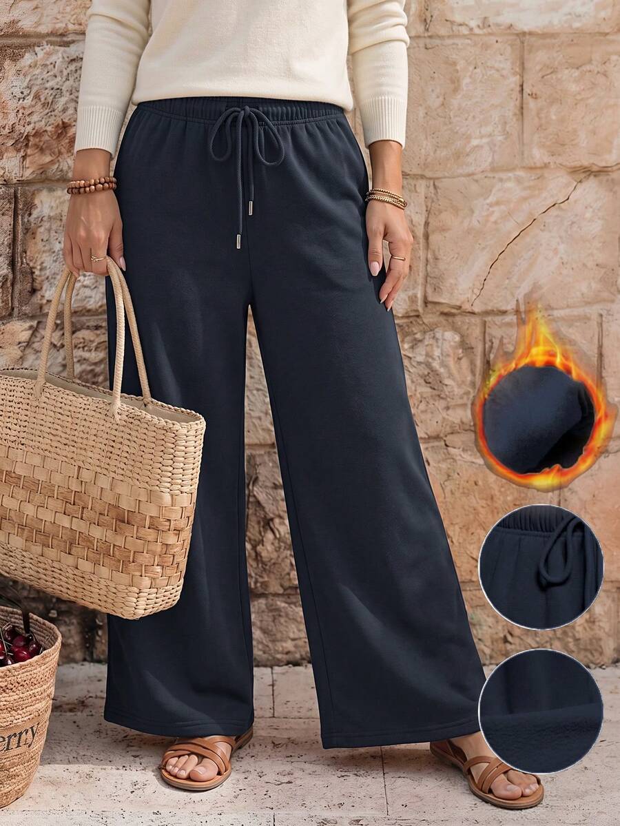 EMERY ROSE Pantalones sueltos con cintura elástica y cordón, forrados térmicamente para mujer - Azul Marino - Ver 1