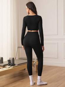 SHEIN Sports Women's Square Neck Sexy Casual Minimalist Energetic Sporty Outfit - Black - View 2