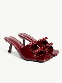 CUCCOO CHICEST Dép cao gót nữ màu trơn nơ kép mũi vuông - Màu Đỏ Sâu - Xem 1