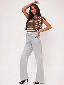 SHEIN BASICS 女款連身衣 夏季女裝 日常日穿 日間派對 棕色條紋 休閒風 - 棕色 - 查看 4