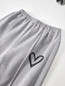 SHEIN Kids Tween Girl Casual Heart Print Knit Solid Color Loose Drop Shoulder Long Sleeve Sweatshirt & Pleated Wide Leg Sweatpants Set - Grey - View 7
