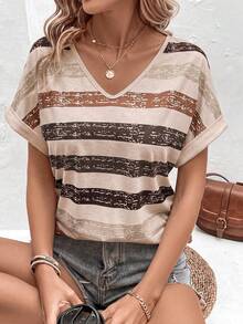 EMERY ROSE Camiseta de manga murciélago con bloques de color y rayas para verano, camisetas gráficas para mujer - Multicolor - Ver 3