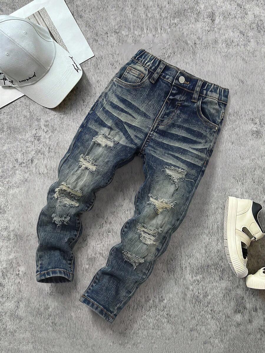 SHEIN 兒童小男孩口袋破洞休閒百搭牛仔長褲 - 深色水洗藍 - 查看 1
