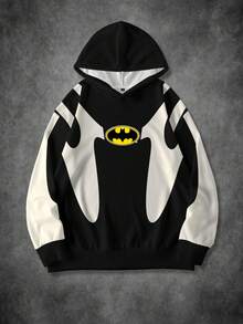 BATMAN X SHEIN Sudadera con capucha holgada y casual con estampado de murciélago y bloques de color, para primavera y otoño - Blanco - Ver 1