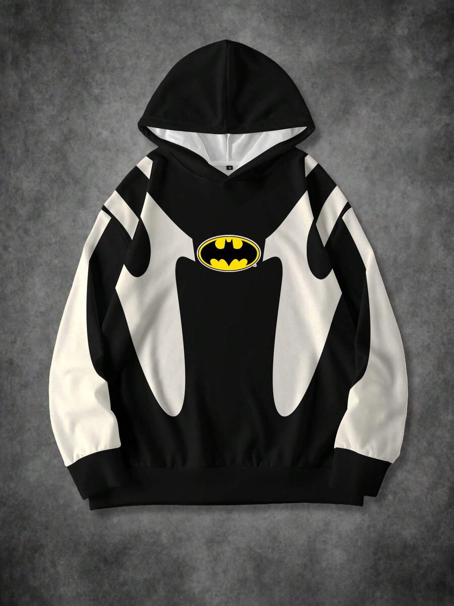 BATMAN X SHEIN Sudadera con capucha holgada y casual con estampado de murciélago y bloques de color, para primavera y otoño - Blanco - Ver 1