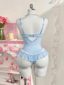 SHEIN 粉色網紗蕾絲飾邊浪漫柔美連身褲 - 淺藍色 - 查看 2