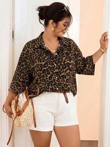 SHEIN Frenchy Vintage Leopard Print Plus Size Women's Single-Breasted Short Sleeve Shirt Fall - Multicolor - View 5