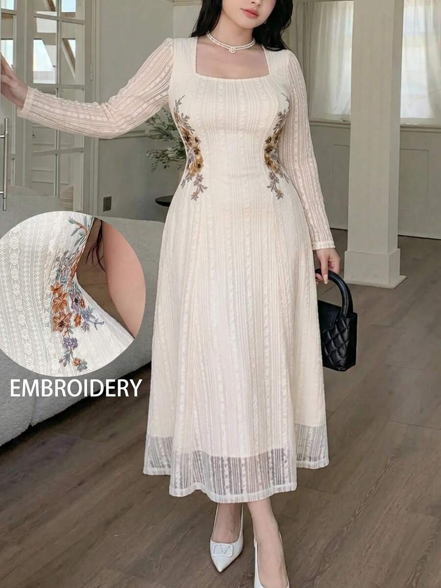 Feyla Plus Size French Elegant Embroidered Long Sleeve Square Neck Evening Wedding Guest Party Dress Wedding Beige Autumn - Apricot - View 1