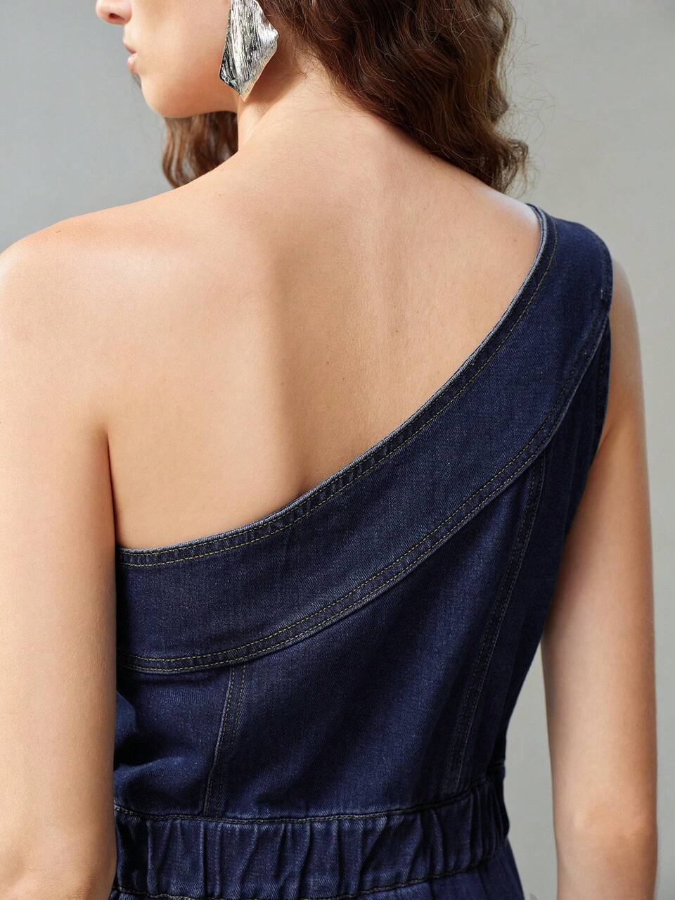 MOTF SPRING/SUMMER WOMEN'S ONE-SHOULDER 3D FLORAL WAIST-CINCHING DENIM DRESS