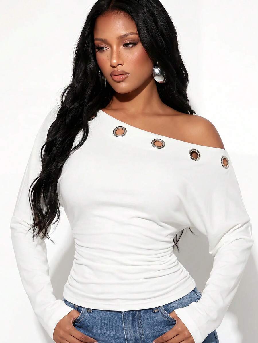 Normani Women's Sexy Street Style Asymmetric Neck Ruched Top - Black - View 1