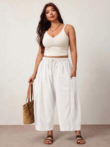 Enliva Plus Size Loose Fit Drawstring Casual Cropped Pants Fall - White - View 9