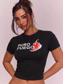 MUSERA Graphic 'Puro Fuego' Cropped Top Tshirt Spring Summer Vacation Holiday Ibiza Boho Streetwear Elegant Casual Carnival Festival Going Out Black And Red - Black - View 5
