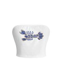 ROMWE Avant Women's Y2K Island Babe Sequin Embroidered Cropped Tube Top - White - View 1