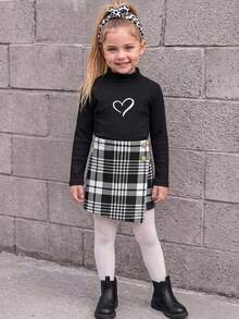 SHEIN Young Girl Heart Print High Neck Long Sleeve T-Shirt And Houndstooth Skort Set - Multicolor - View 2
