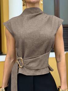 Yohana Edit Khaki Short Sleeve Shirt, Elegant Business Commute Minimalist Vintage Style Formal Shirt, Office Wear Summer - Khaki - View 3