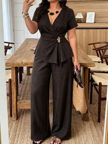 Weeklong Women's Plus Size Spring/Summer Casual Vacation V-Neck Short Sleeve Loose Pants Two Pieces Set Elegant - Coffee Brown - View 3