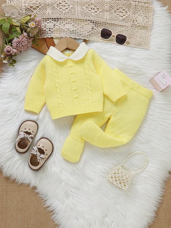 SHEIN Conjunto de suéter para bebé niña, conjunto de 2 piezas con cuello de contraste crema y blanco, top de manga larga con textura de cable de rayas verticales y mangas abullonadas, pantalones de punto con pies a juego, conjunto de suéter de estilo suave para uso diario, salidas, luna llena, 100 días, reuniones familiares, viajes, vacaciones, regalo para recién nacido
