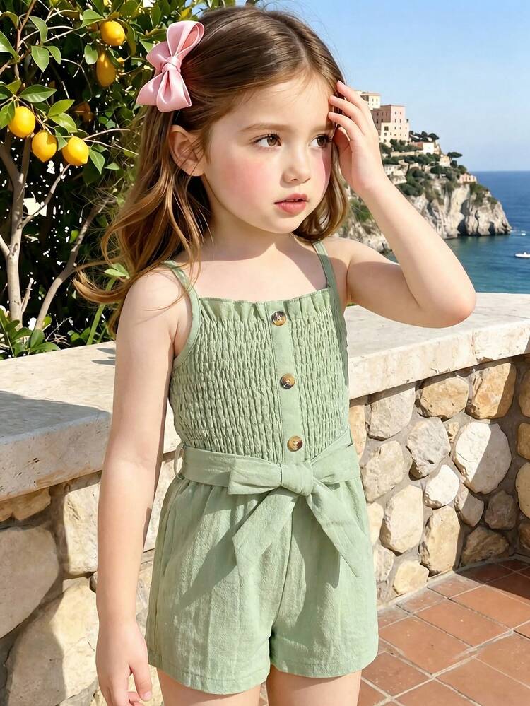 SHEIN Genkimix Kids Girls Sage Green Summer Elegant Jumpsuit,Pure Cotton Ruffled Strap Cinching Waist Bow Button Shorts Jumpsuit,Matching Family Vacation Outfit Clothes - Olive Green - View 2