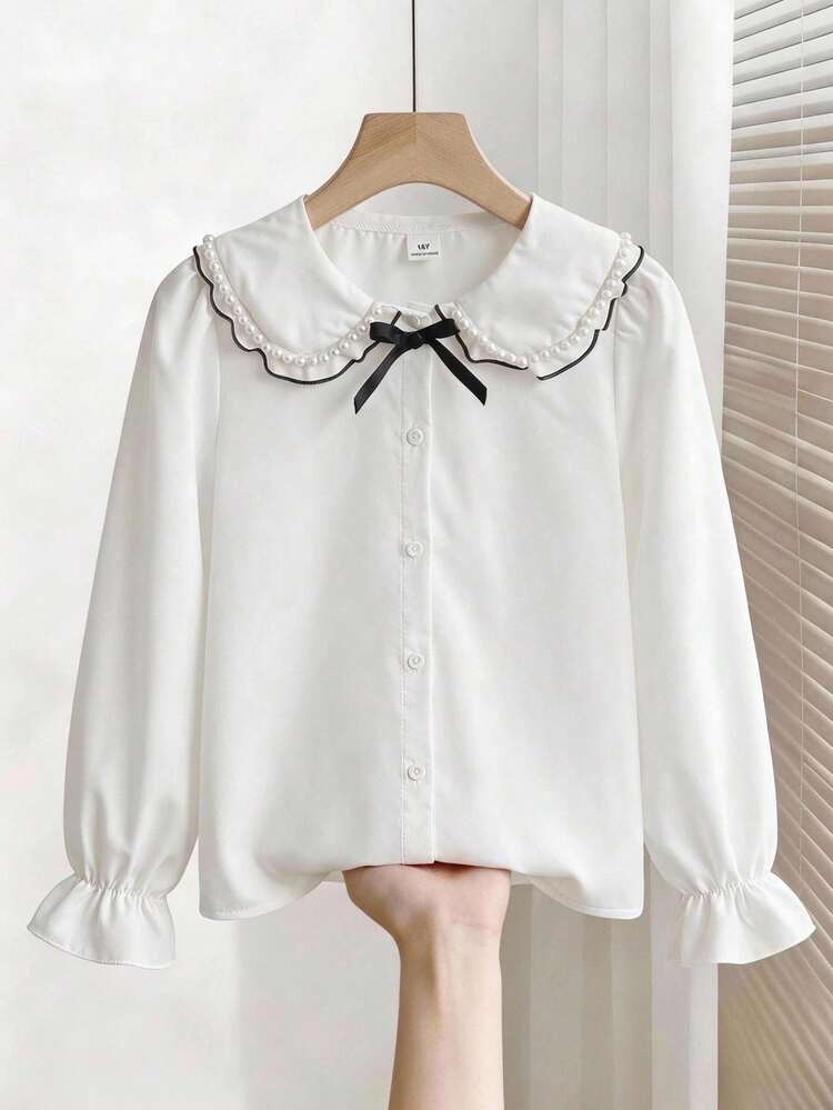 Tween Girl White Pearl Collar Bow Blouse & Turn-Down Collar Pearl Trim & Black Lace-Up Bow On Chest & Flare Cuff Design & Skin-Friendly Fabric & Sweet Preppy Style Children's Top & Spring/Autumn Daily Campus Wear For Older Kids & Niche Design Gentle Children's Clothing - White - View 8