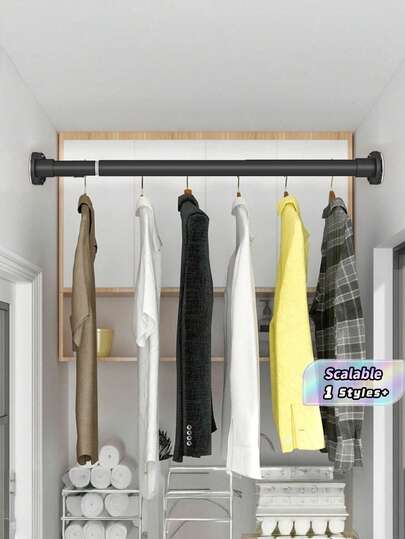 1-Piece Adjustable Carbon Steel Wardrobe Pole, Extendable Bathroom Towel Pole, Clothes Hanger, Curtain Pole, Wardrobe Hanging Pole, Extendable Shower Curtain Pole, Balcony Pole - No Drilling Required, Suitable For Storing Curtains, Doors